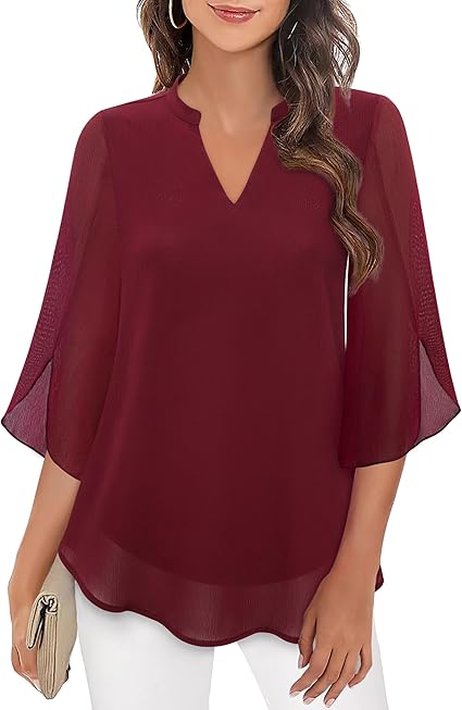 Carmela Flowing Formal Blouse with Covered Buttons - Wine Red