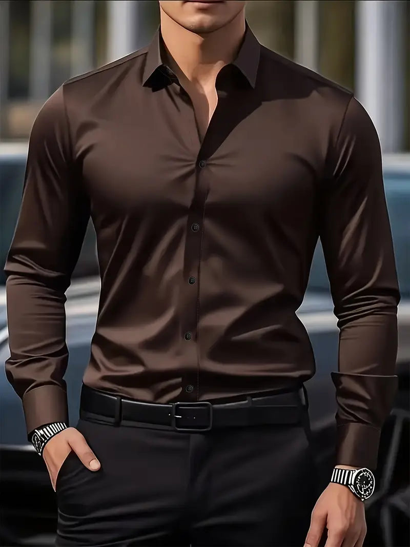 Caspian Men's Dress Shirt with Structured Collar and Yoke - Coffee