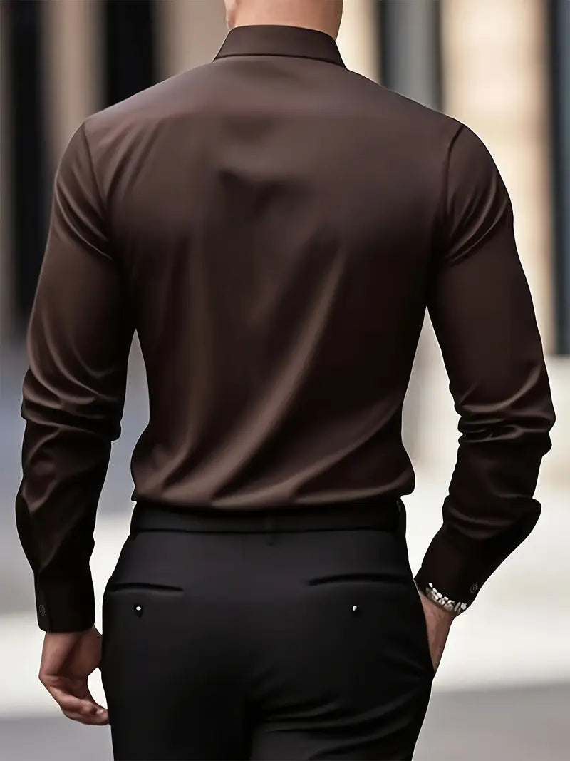 Caspian Men's Dress Shirt with Structured Collar and Yoke - Coffee