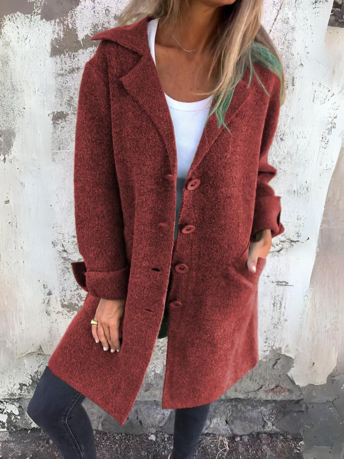 Cassiana Long Open Coat with Clean Front and Level Hem - Red