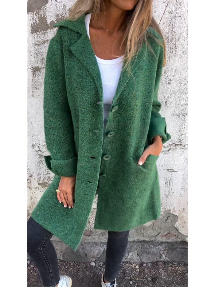 Cassiana Long Open Coat with Clean Front and Level Hem - Green