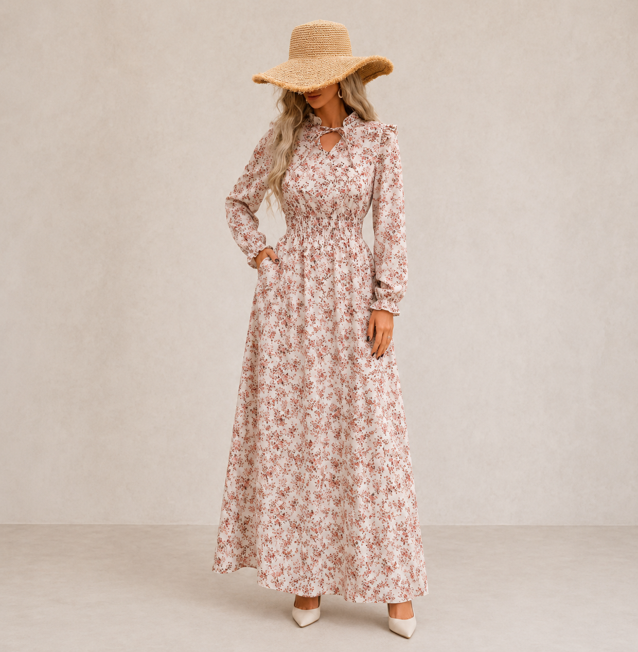 Cassie Maxi Dress with Tie Collar and Long Sleeves - Rose Floral