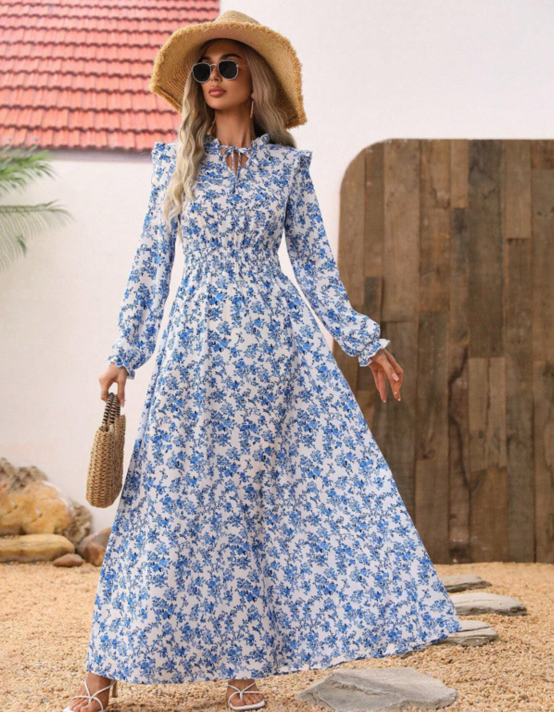 Cassie Maxi Dress with Tie Collar and Long Sleeves - Blue Floral