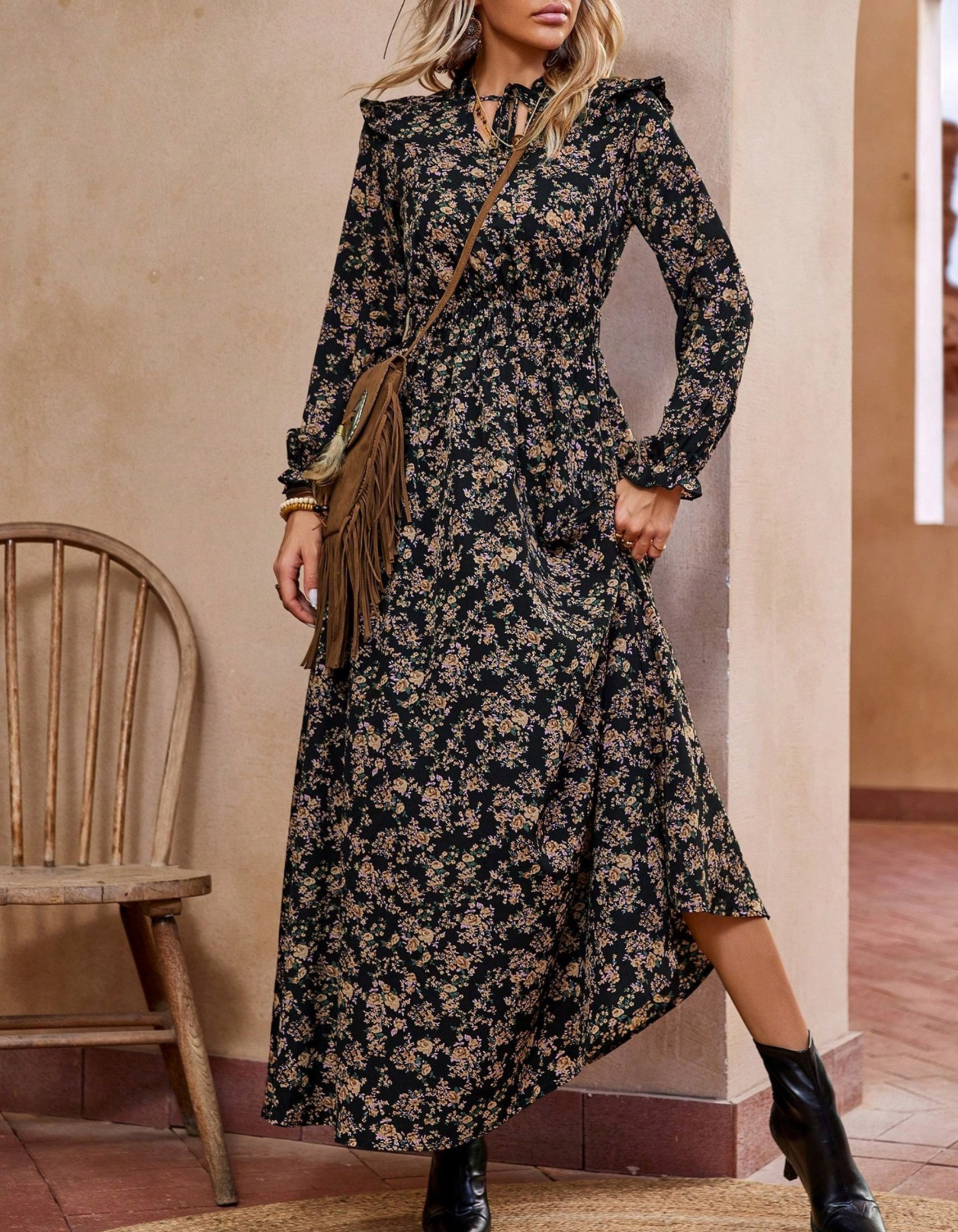 Cassie Maxi Dress with Tie Collar and Long Sleeves - Black Floral