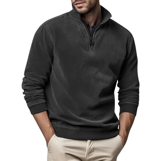 Chard Men's Quarter Zip Sweatshirt with Ribbed Trim - Black