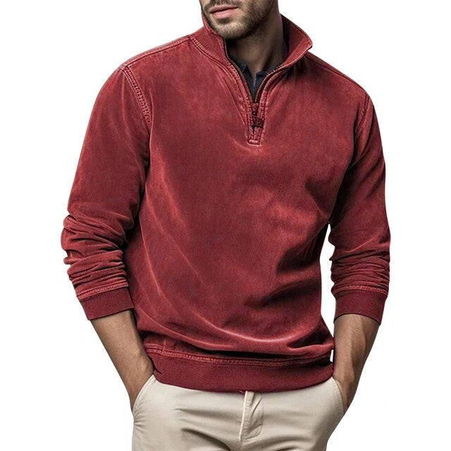 Chard Men's Quarter Zip Sweatshirt with Ribbed Trim - Red
