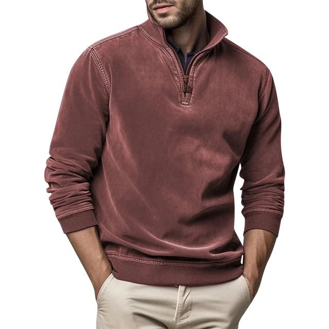 Chard Men's Quarter Zip Sweatshirt with Ribbed Trim - Burgundy