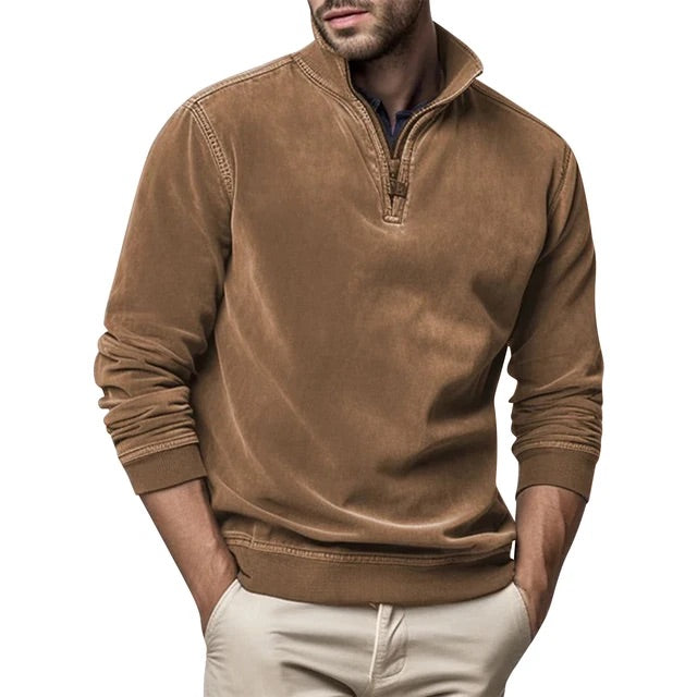 Chard Men's Quarter Zip Sweatshirt with Ribbed Trim - Brown