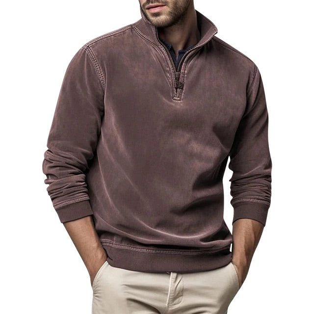 Chard Men's Quarter Zip Sweatshirt with Ribbed Trim - Dark Brown