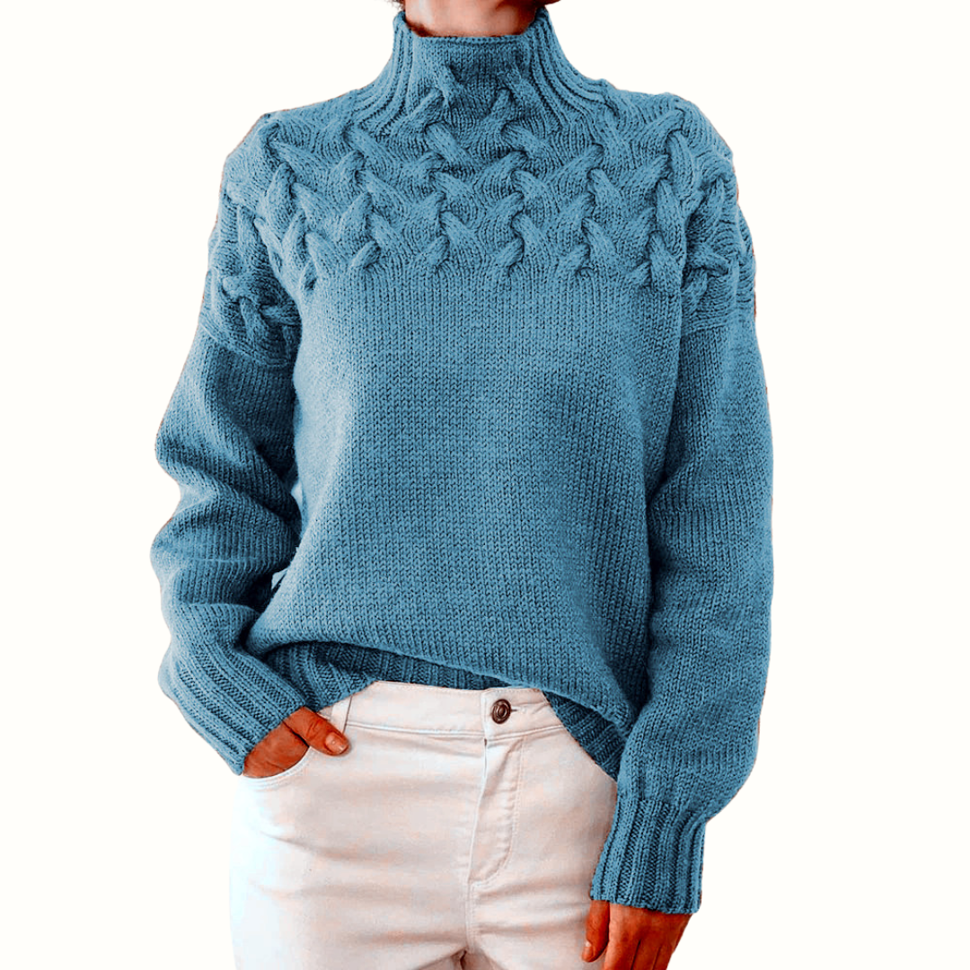 Chasie Cable Knit Turtleneck Sweater with Fold-Over Collar - Sky Blue