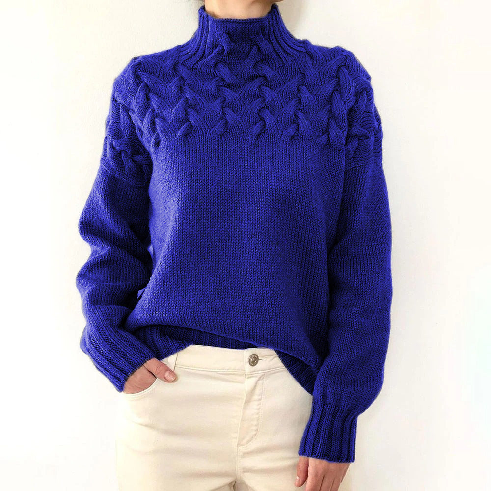 Chasie Cable Knit Turtleneck Sweater with Fold-Over Collar - Blue