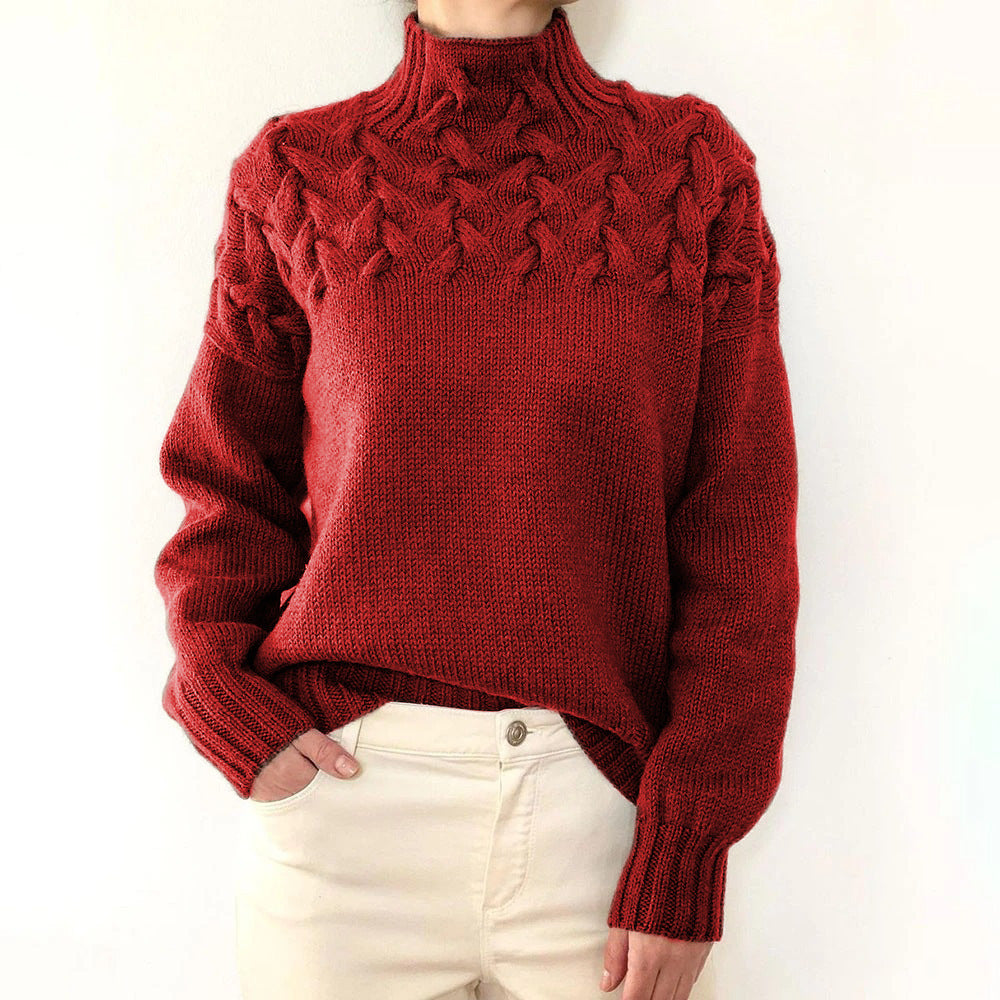 Chasie Cable Knit Turtleneck Sweater with Fold-Over Collar - Red