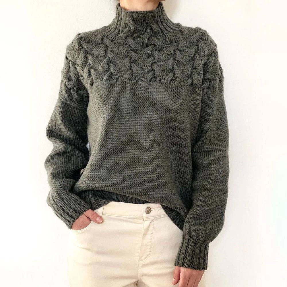 Chasie Cable Knit Turtleneck Sweater with Fold-Over Collar - Gray