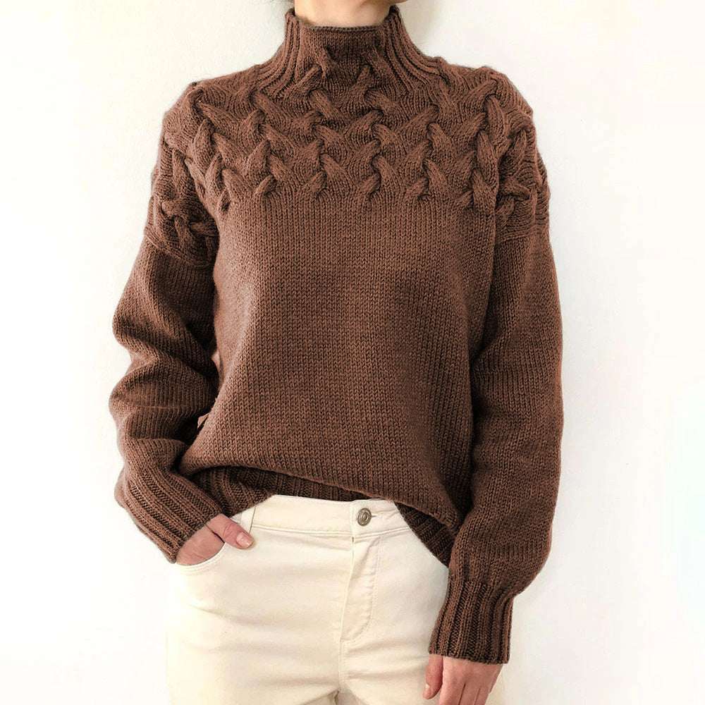 Chasie Cable Knit Turtleneck Sweater with Fold-Over Collar - Brown