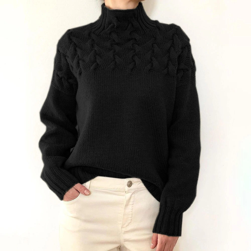 Chasie Cable Knit Turtleneck Sweater with Fold-Over Collar - Black