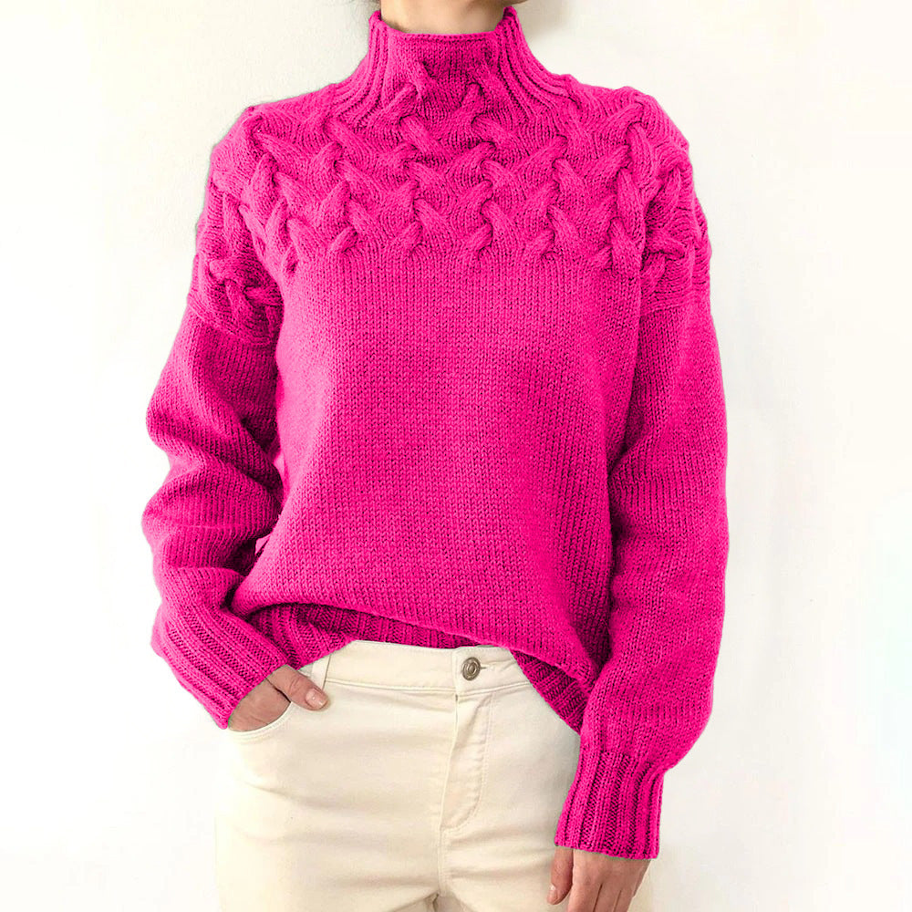 Chasie Cable Knit Turtleneck Sweater with Fold-Over Collar - Pink