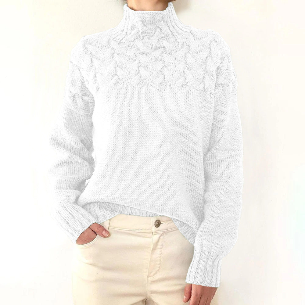 Chasie Cable Knit Turtleneck Sweater with Fold-Over Collar - White