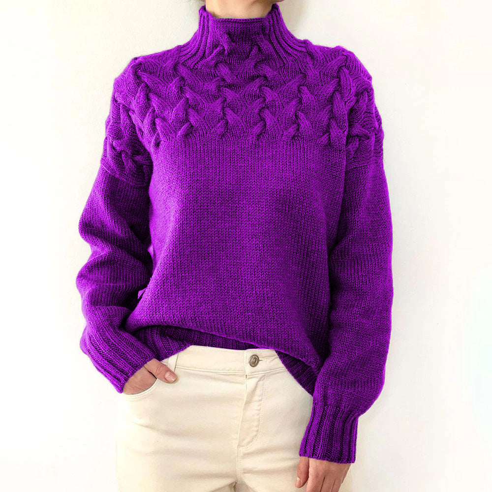 Chasie Cable Knit Turtleneck Sweater with Fold-Over Collar - Violet