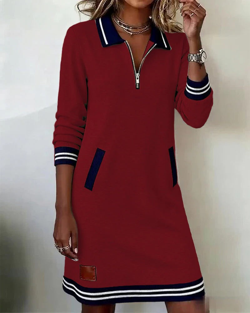 Chiara Midi Dress with Lapel Collar and Side Pockets - Red