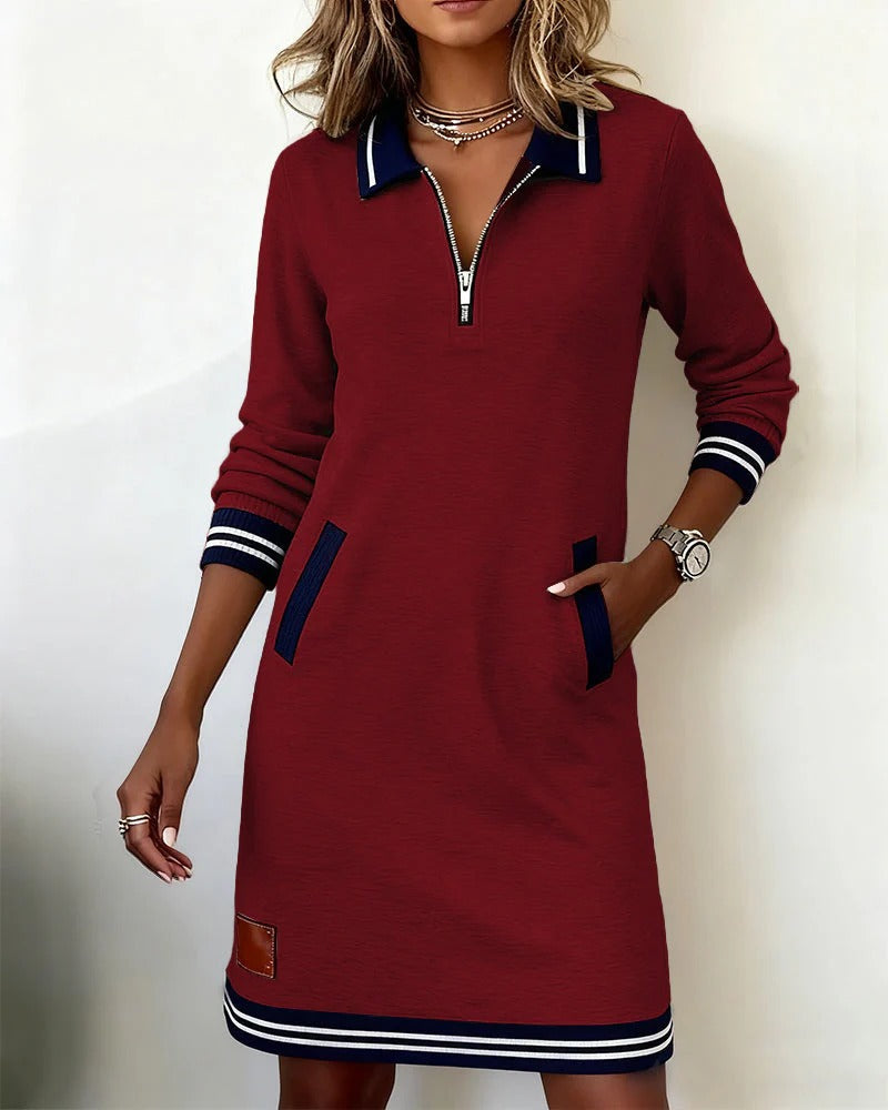 Chiara Midi Dress with Lapel Collar and Side Pockets - Red