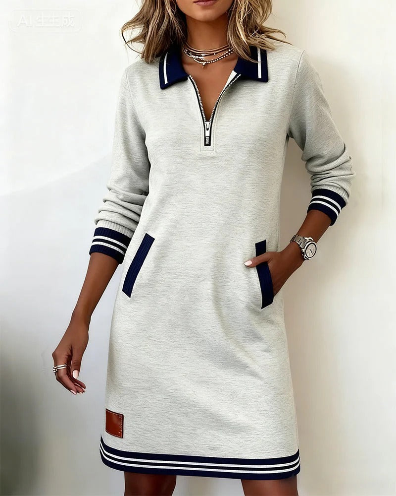 Chiara Midi Dress with Lapel Collar and Side Pockets - Gray