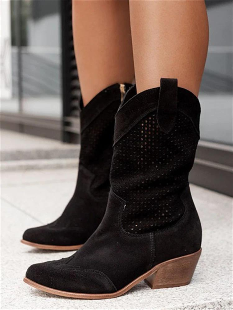Chloe Cowboy Boots with Block Heel and Perforated Shaft - Black