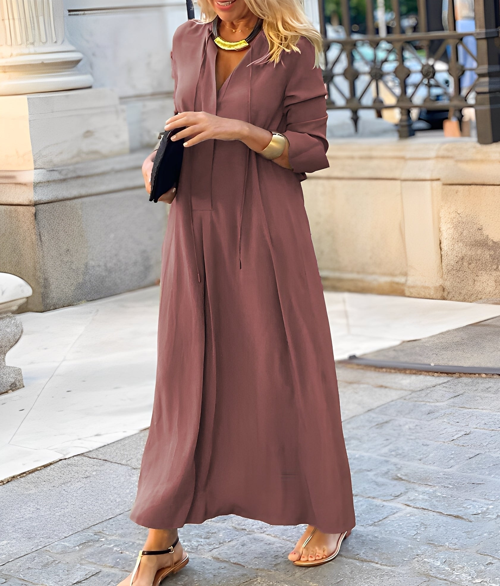 Christelle Relaxed Maxi Dress with Long Sleeves - Pink