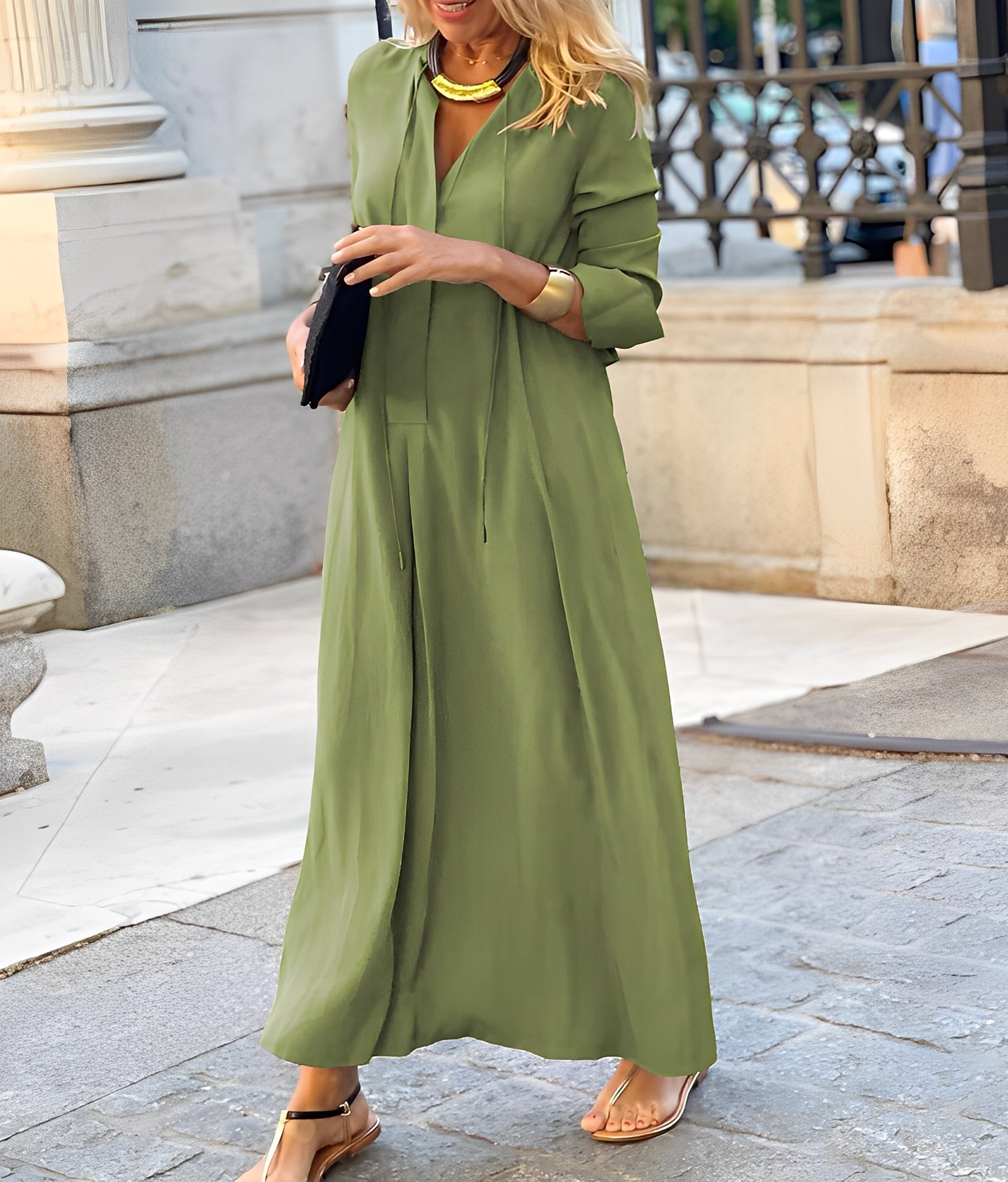 Christelle Relaxed Maxi Dress with Long Sleeves - Green