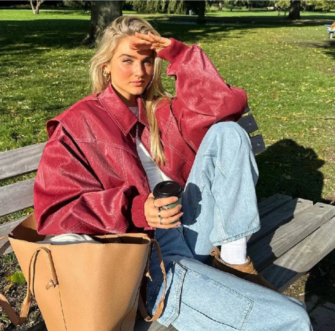 Clara Oversized Bomber Jacket with Ribbed Trim - Burgundy