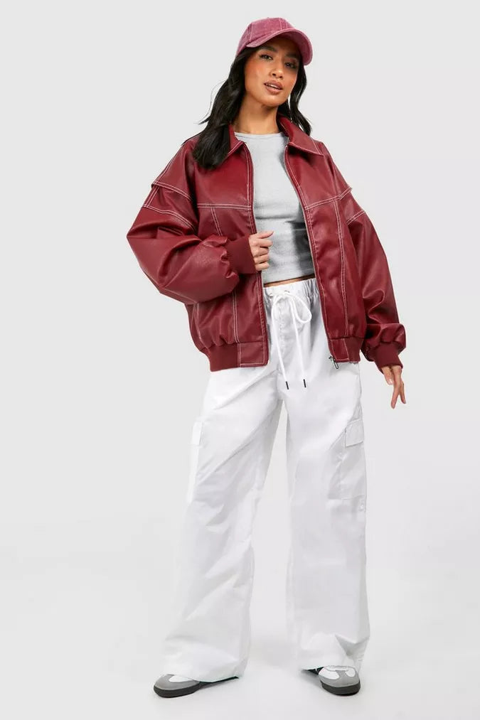 Clara Oversized Bomber Jacket with Ribbed Trim - Burgundy