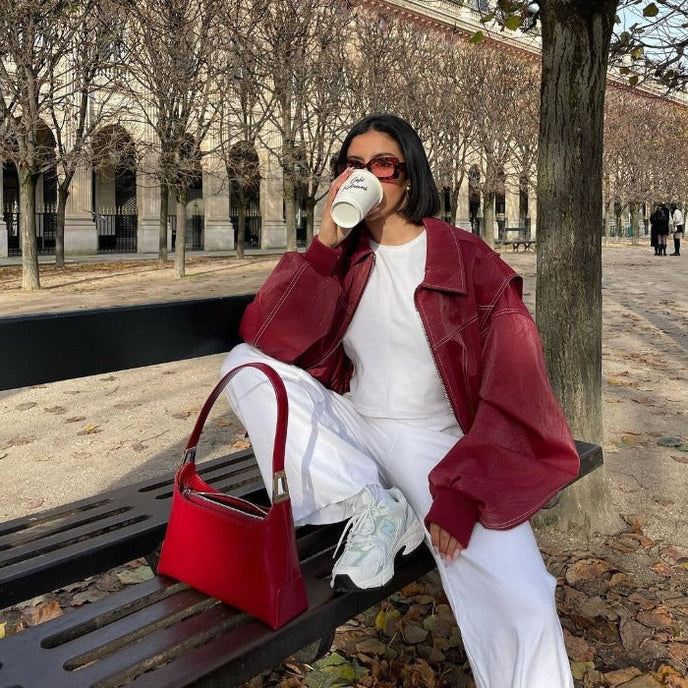 Clara Oversized Bomber Jacket with Ribbed Trim - Burgundy