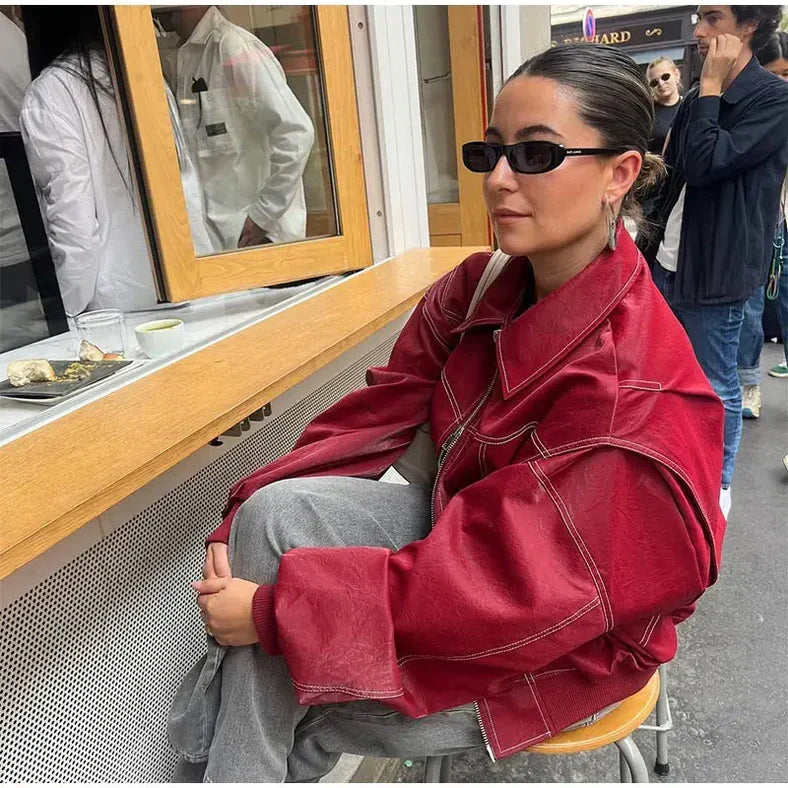 Clara Oversized Bomber Jacket with Ribbed Trim - Burgundy