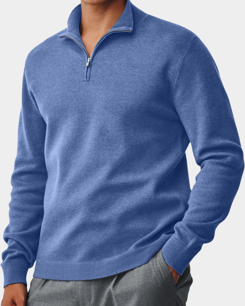 Corbin Men's Quarter Zip Sweater with Ribbed Collar - Blue