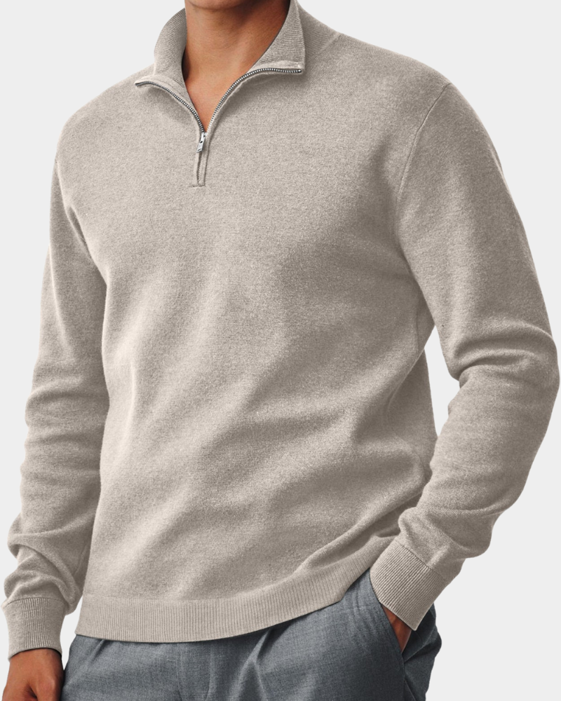 Corbin Men's Quarter Zip Sweater with Ribbed Collar - Beige