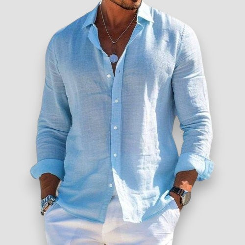 Cristof Men's Relaxed Long Sleeve Shirt with Roll-Tab Sleeves - Blue