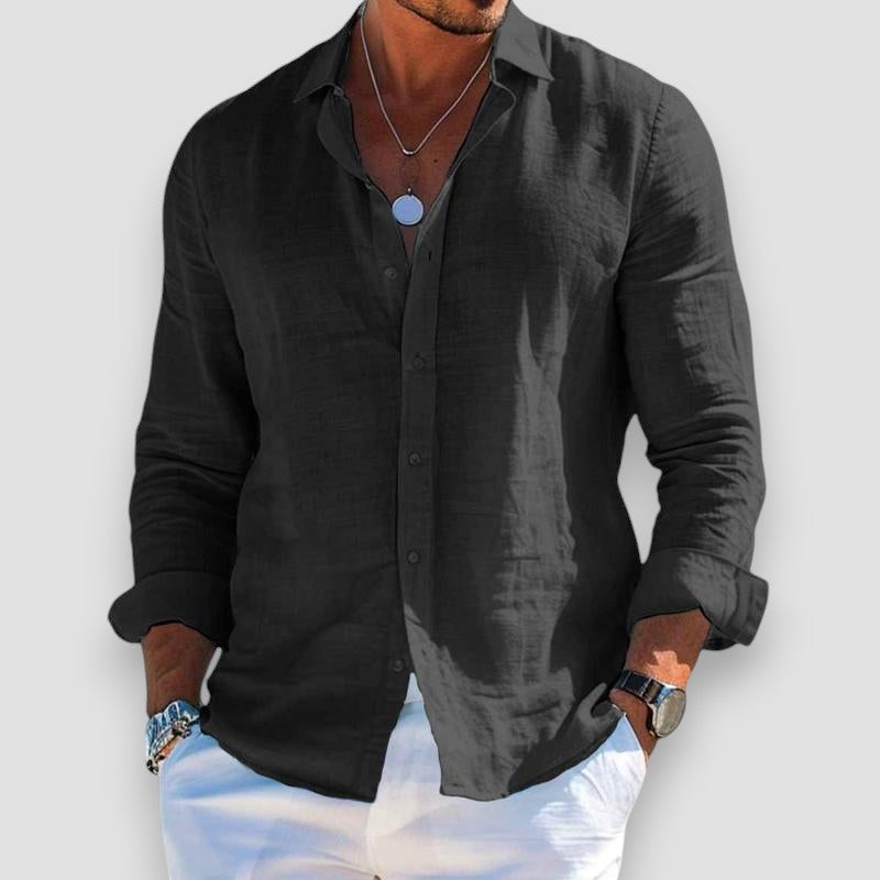 Cristof Men's Relaxed Long Sleeve Shirt with Roll-Tab Sleeves - Black