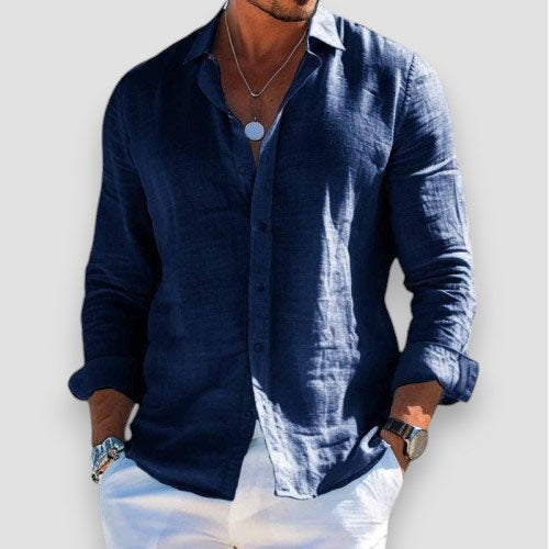 Cristof Men's Relaxed Long Sleeve Shirt with Roll-Tab Sleeves - Navy