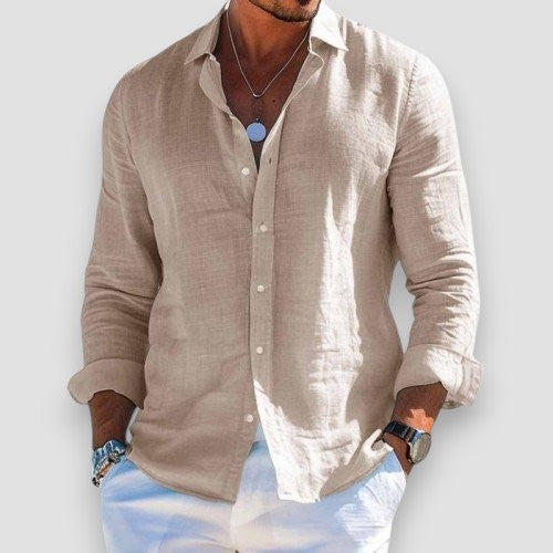 Cristof Men's Relaxed Long Sleeve Shirt with Roll-Tab Sleeves - Khaki
