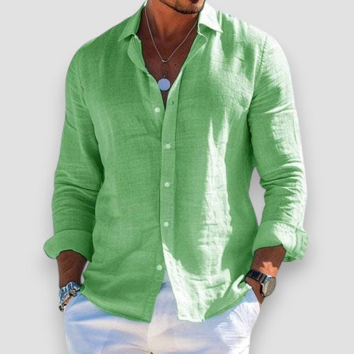 Cristof Men's Relaxed Long Sleeve Shirt with Roll-Tab Sleeves - Light Green
