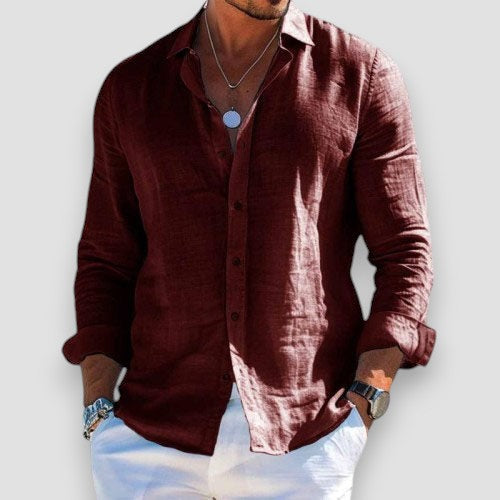 Cristof Men's Relaxed Long Sleeve Shirt with Roll-Tab Sleeves - Brown