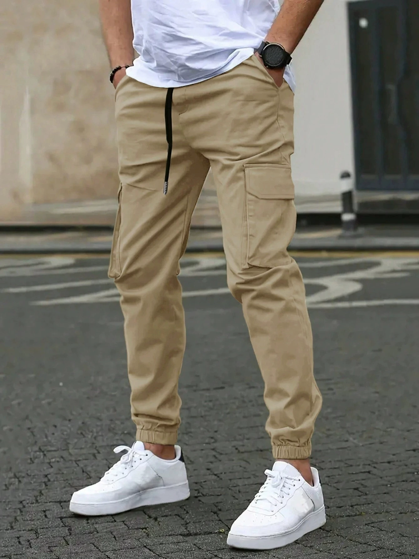 Cyrus Men's Cargo Joggers with Side Pockets and Ankle Cuffs - Beige