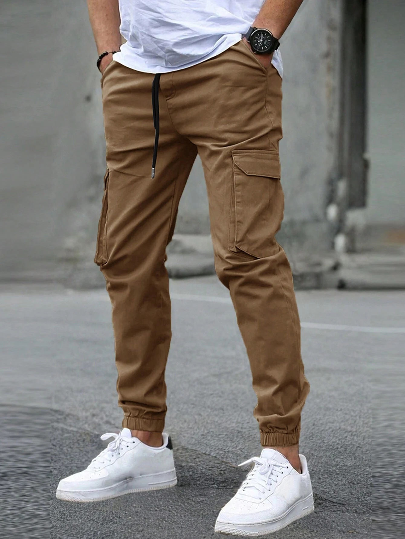Cyrus Men's Cargo Joggers with Side Pockets and Ankle Cuffs - Brown