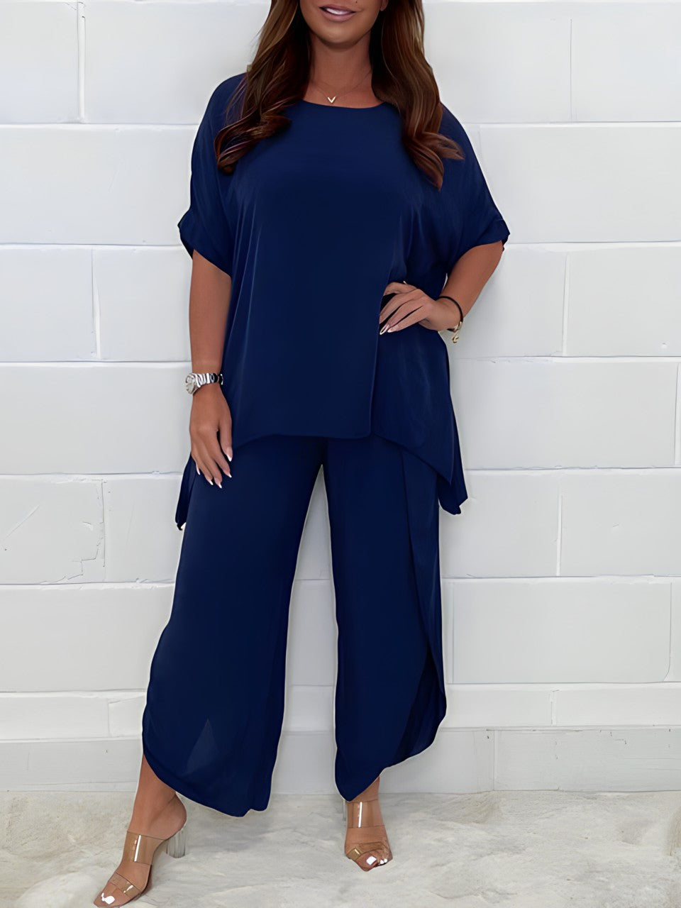 Dana Two Piece Tunic Set with Matching Bottoms - Dark Blue