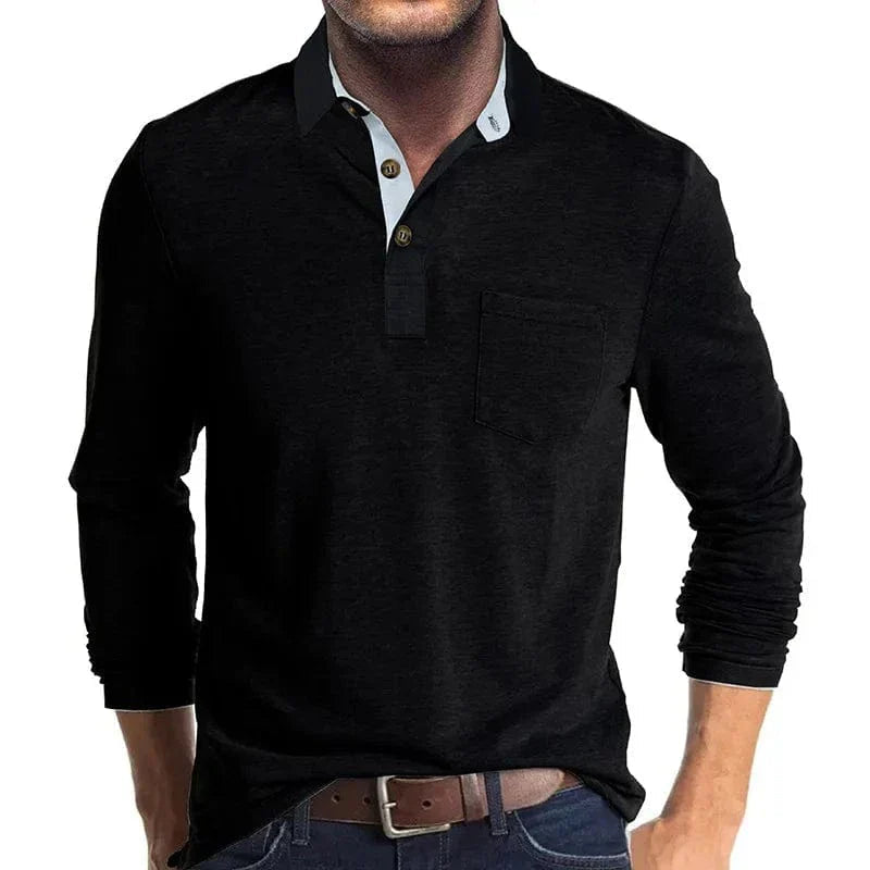 Daniel Men's Long Sleeve Polo Shirt with Tipped Collar - Black