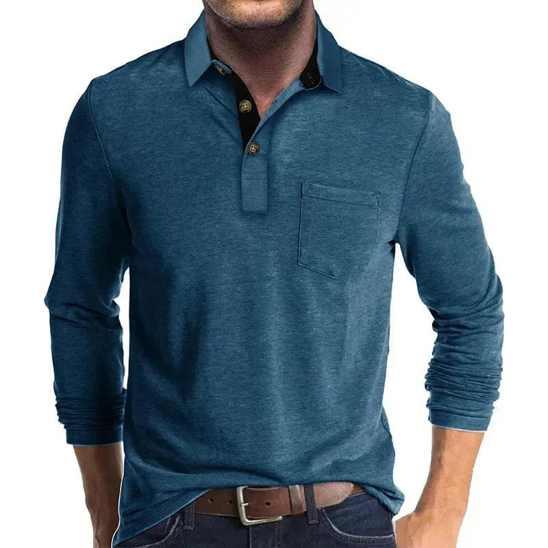 Daniel Men's Long Sleeve Polo Shirt with Tipped Collar - Blue