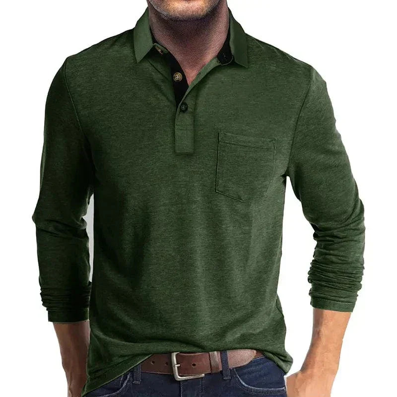 Daniel Men's Long Sleeve Polo Shirt with Tipped Collar - Dark Green