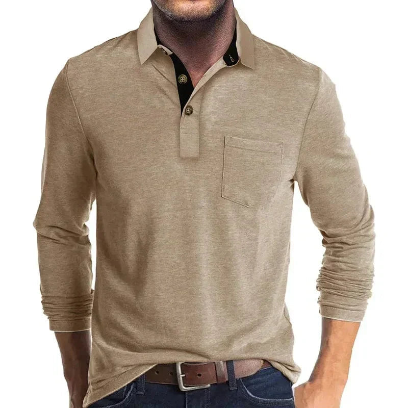 Daniel Men's Long Sleeve Polo Shirt with Tipped Collar - Khaki