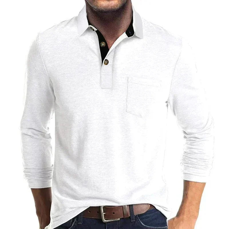 Daniel Men's Long Sleeve Polo Shirt with Tipped Collar - White