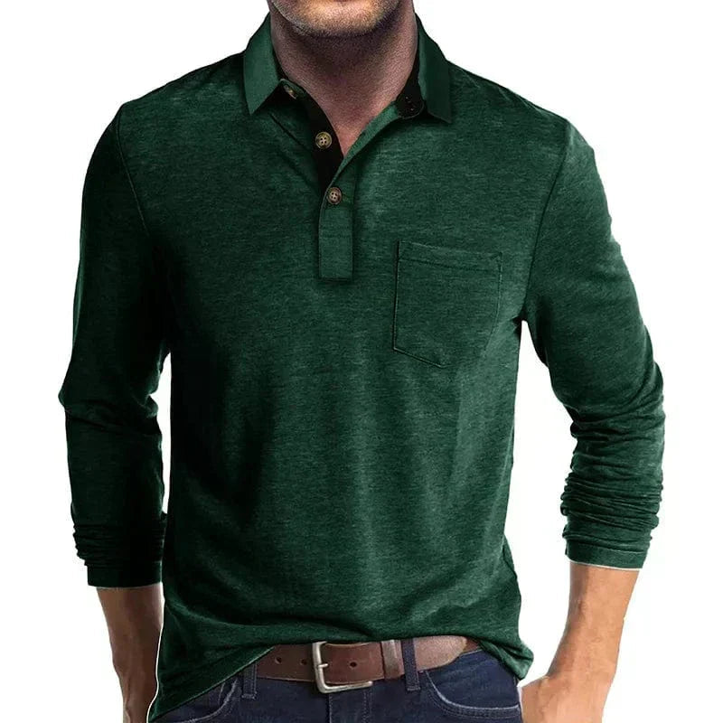 Daniel Men's Long Sleeve Polo Shirt with Tipped Collar - Dark Green