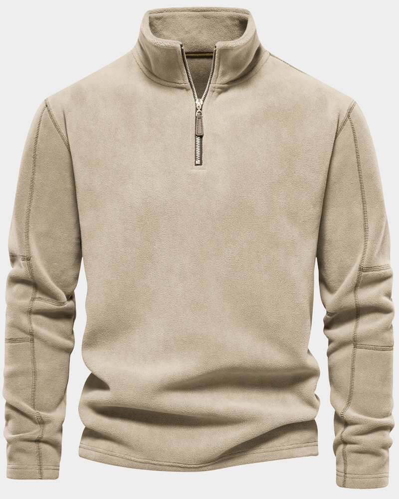 Danny Men's Fleece Pullover with Zip Collar and Straight Body - Khaki